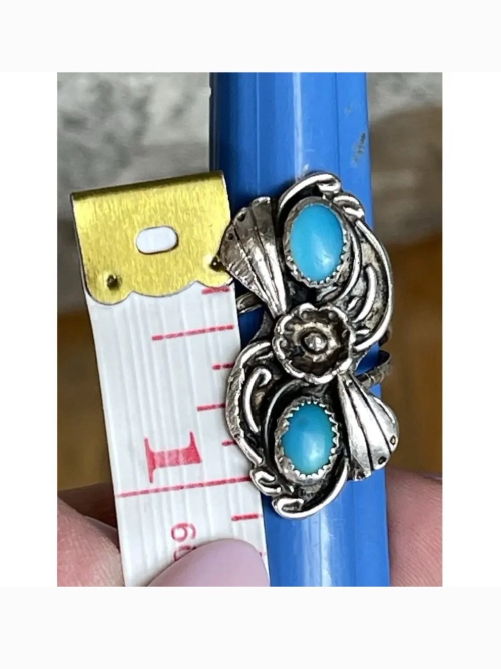 Navajo Sterling Silver Double Stone Turquoise Ring - Picture 4 of 8